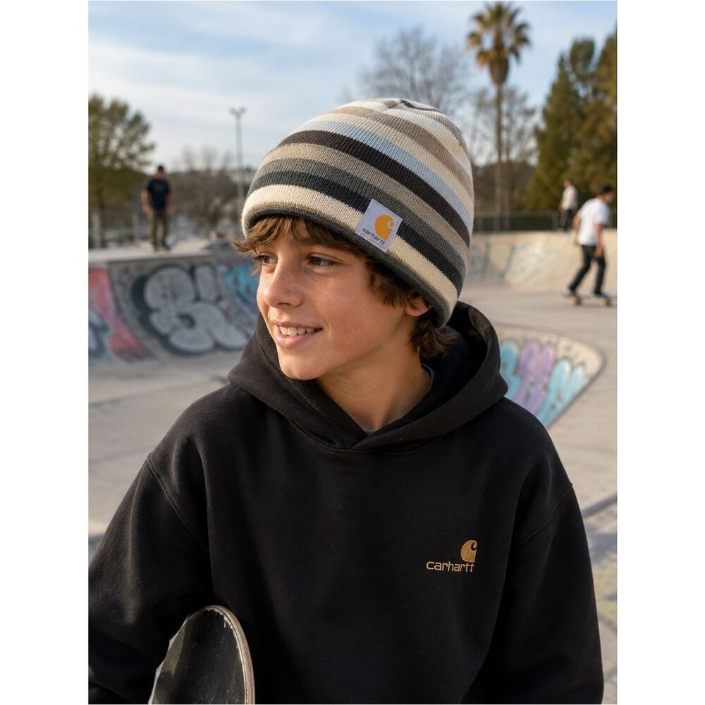 Carhartt Youth Blue Tan Striped Fleece Lined Beanie Hat OS Skater Streetwear